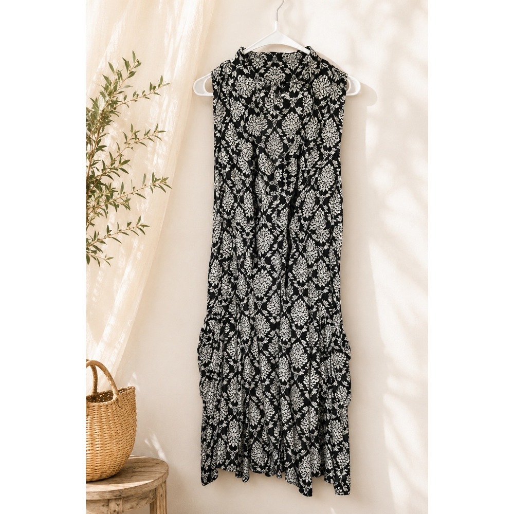Papillon Black Ivory Damask Sleeveless Midi Dress M Boho Vacation Summer